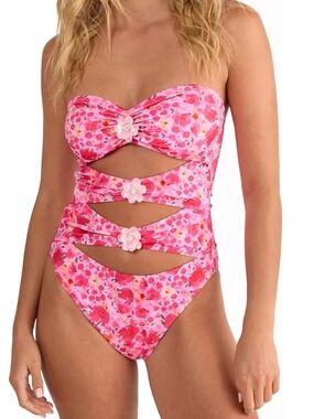 Nasty Gal. Pink Floral Cutout One-Piece Swimsuit. Size 12. NWT.